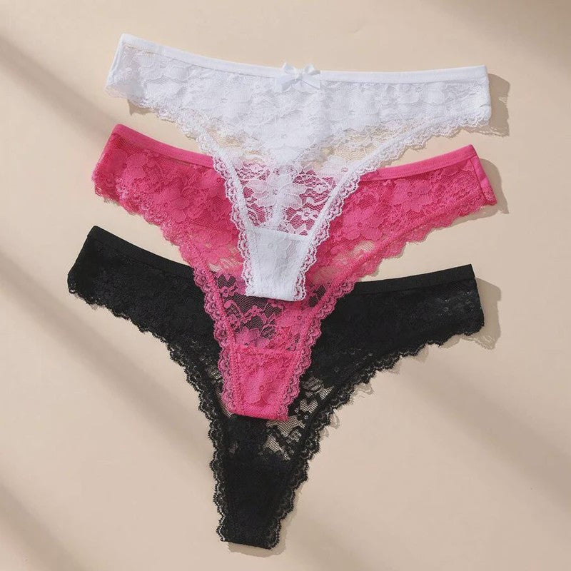 3-Pack Dames Strings van Kant en Mesh - Sexy Transparant Ondergoed