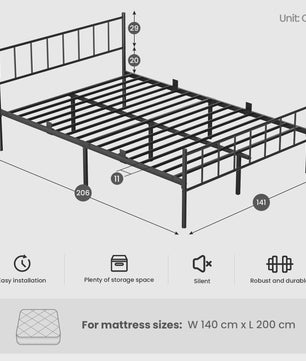 Zwart Metalen Bedframe 140x190cm met Hoofdbord, Voetbord en 32cm Opbergruimte