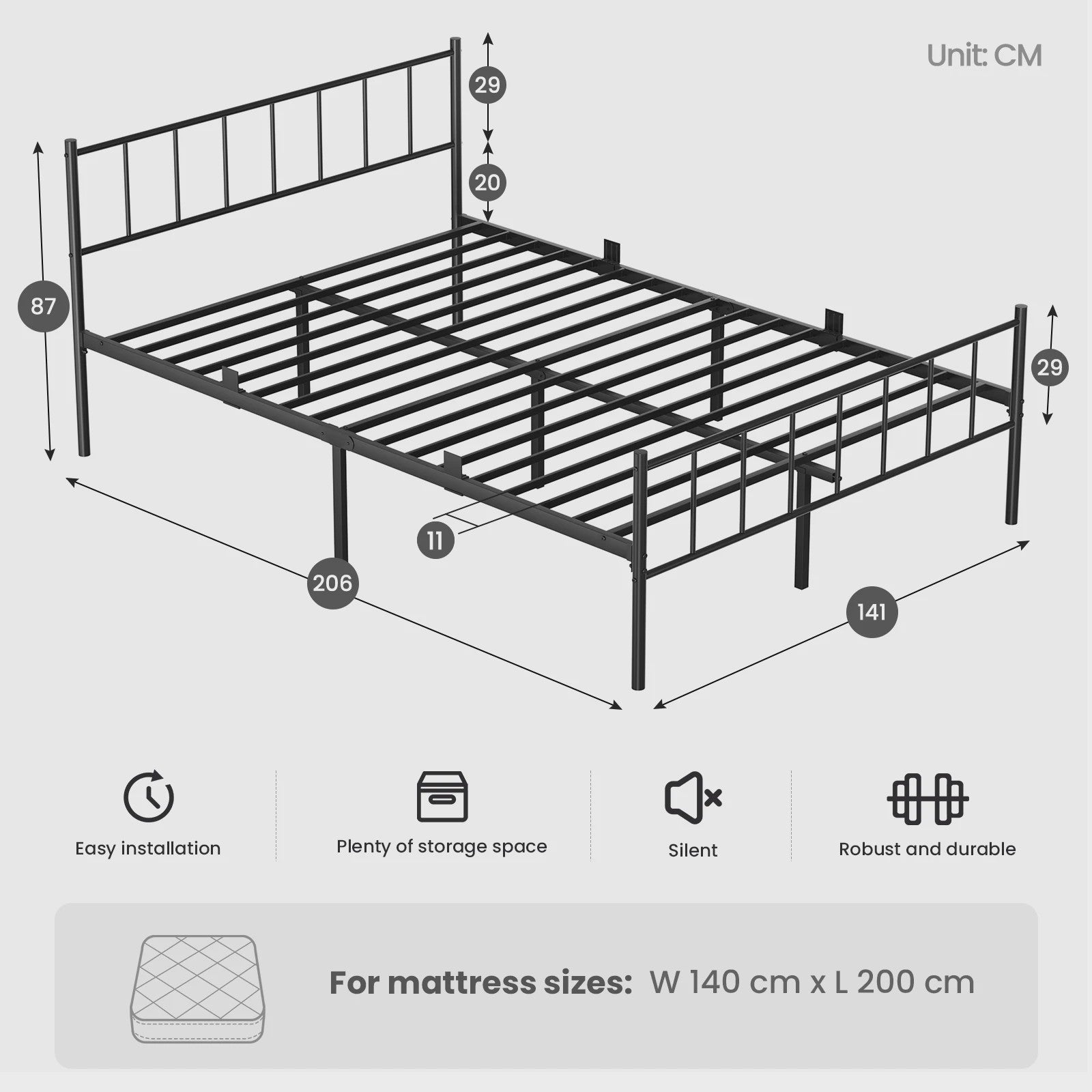 Zwart Metalen Bedframe 140x190cm met Hoofdbord, Voetbord en 32cm Opbergruimte