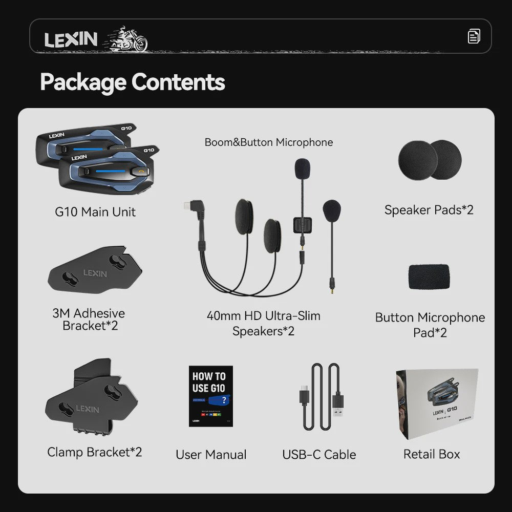 LEXIN G10 Motorhelm Intercom Systeem - 8 Rijders, Bluetooth 5.1, Parallel Audio & Muziek Delen