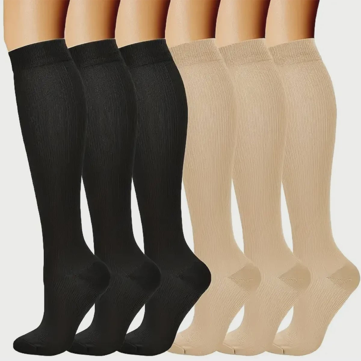 6 Paar Steunkousen - Zwart & Huidskleur - Comfort & Compressie voor Zorgverleners