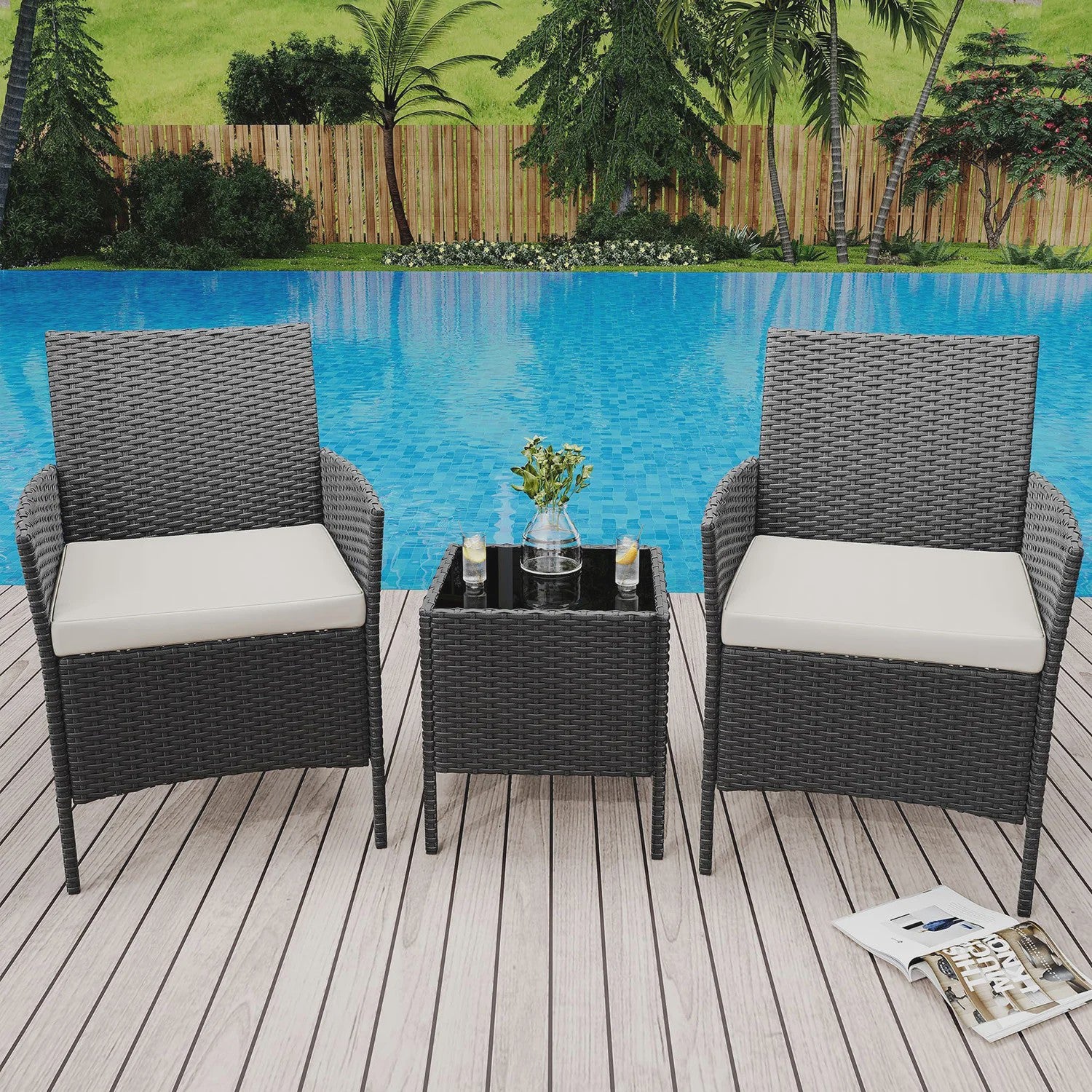3-delige Buiten Terras Bistroset: PE Rotan Wicker Stoelen met Zachte Kussens & Glazen Salontafel - Compact Tuinmeubilair