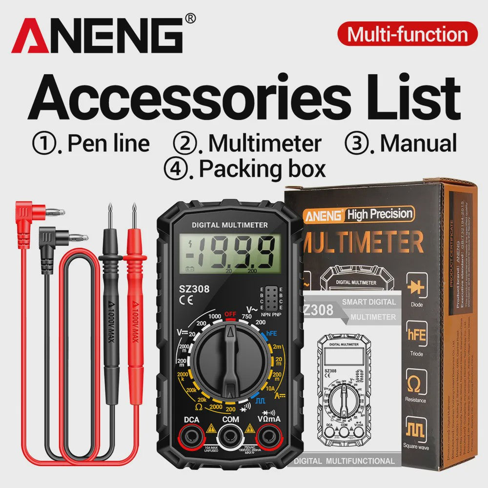 ANENG SZ308 Digitale Multimeter: AC/DC Metingen, Weerstand, LCD Scherm & Vierkante Golf Test