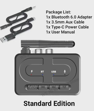 Bluetooth 6.0 Audio Receiver: Draadloze Muziek & HD Calls voor Auto, Speaker & Versterker via USB/AUX/RCA
