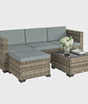 Outsunny 5-delige Rotan Loungeset met Kussens en Glazen Tafel - Tuinmeubelen