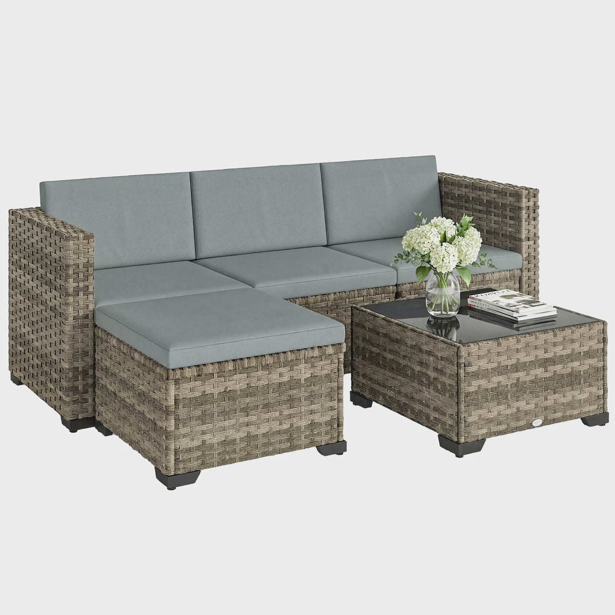 Outsunny 5-delige Rotan Loungeset met Kussens en Glazen Tafel - Tuinmeubelen