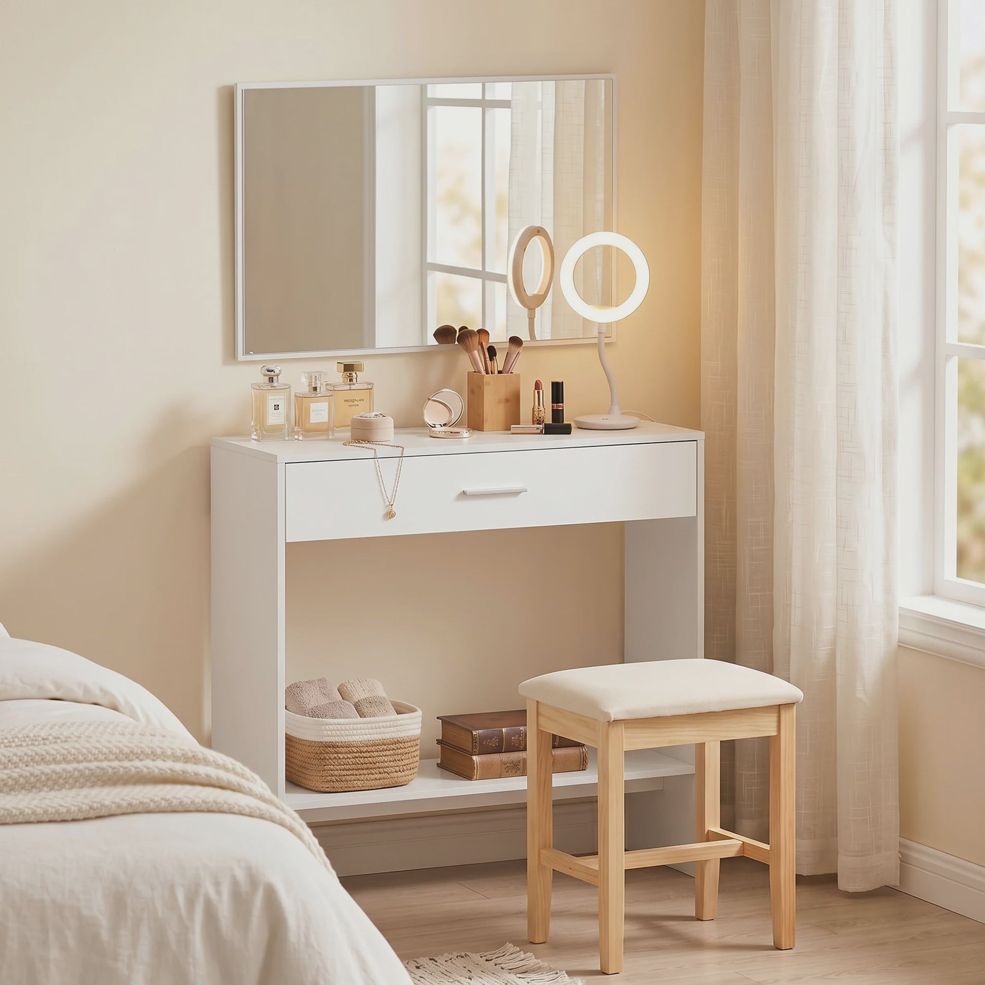 Homcom Halmeubel met Spiegel, Lade en Plank - Entree Console Tafel