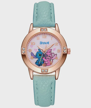 Schattig Stitch Kinderhorloge met Leren Band en Kristallen Wijzerplaat - Perfect Cadeau