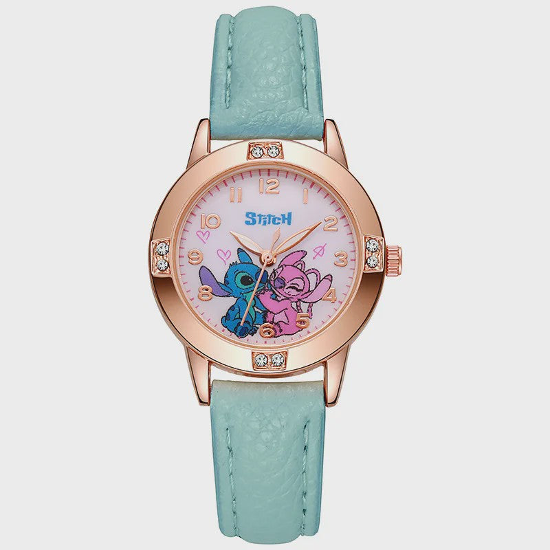 Schattig Stitch Kinderhorloge met Leren Band en Kristallen Wijzerplaat - Perfect Cadeau