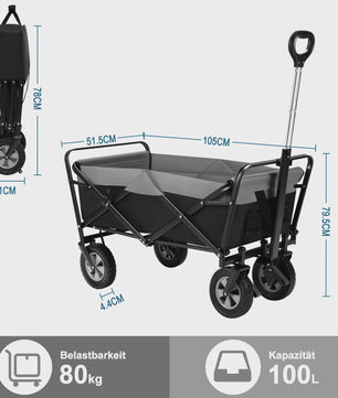 Opvouwbare Transportkar 100L met Verstelbare Handgreep en Zijvak - All-Terrain