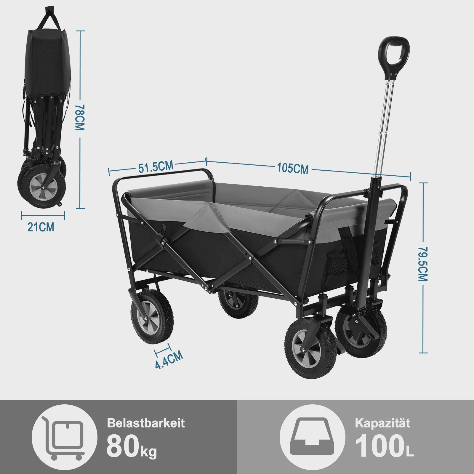 Opvouwbare Transportkar 100L met Verstelbare Handgreep en Zijvak - All-Terrain
