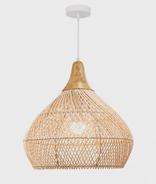 Boho Rotan Hanglamp met Houten Top - Sfeervolle Verlichting voor Woonkamer, Keuken & Eetkamer