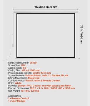 Elektrisch Projectiescherm 72-120 inch 4:3 HD Motorized met Afstandsbediening