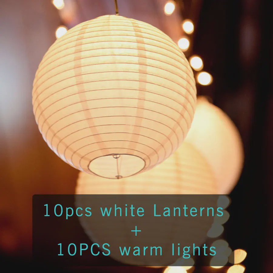 10x Warm Witte LED Lampionnen (6-16 inch) - Chinese Papieren Bol Decoratie voor Feest & Bruiloft