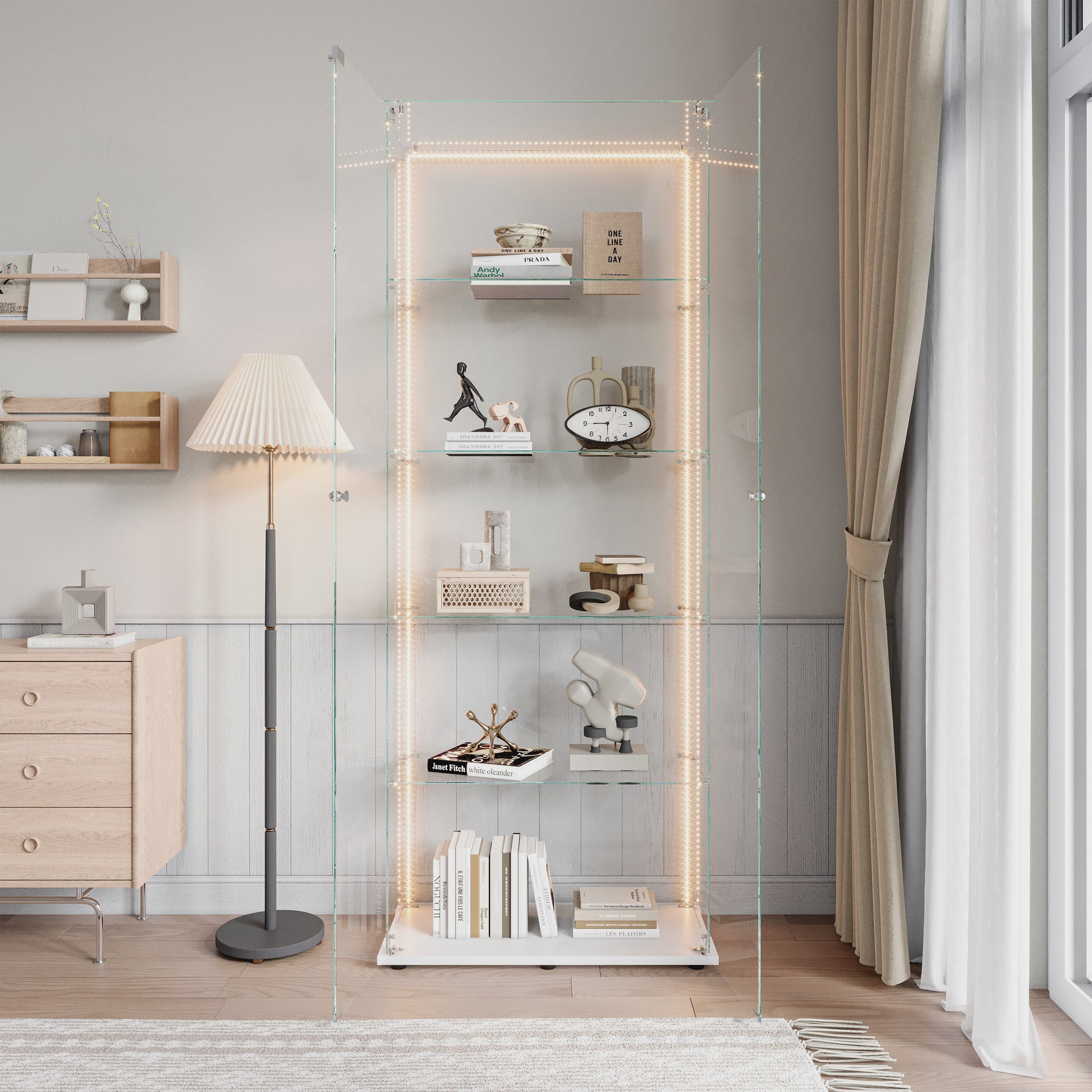 Moderne Glazen Vitrinekast met LED Verlichting - 5 Lagen, 2 Deuren