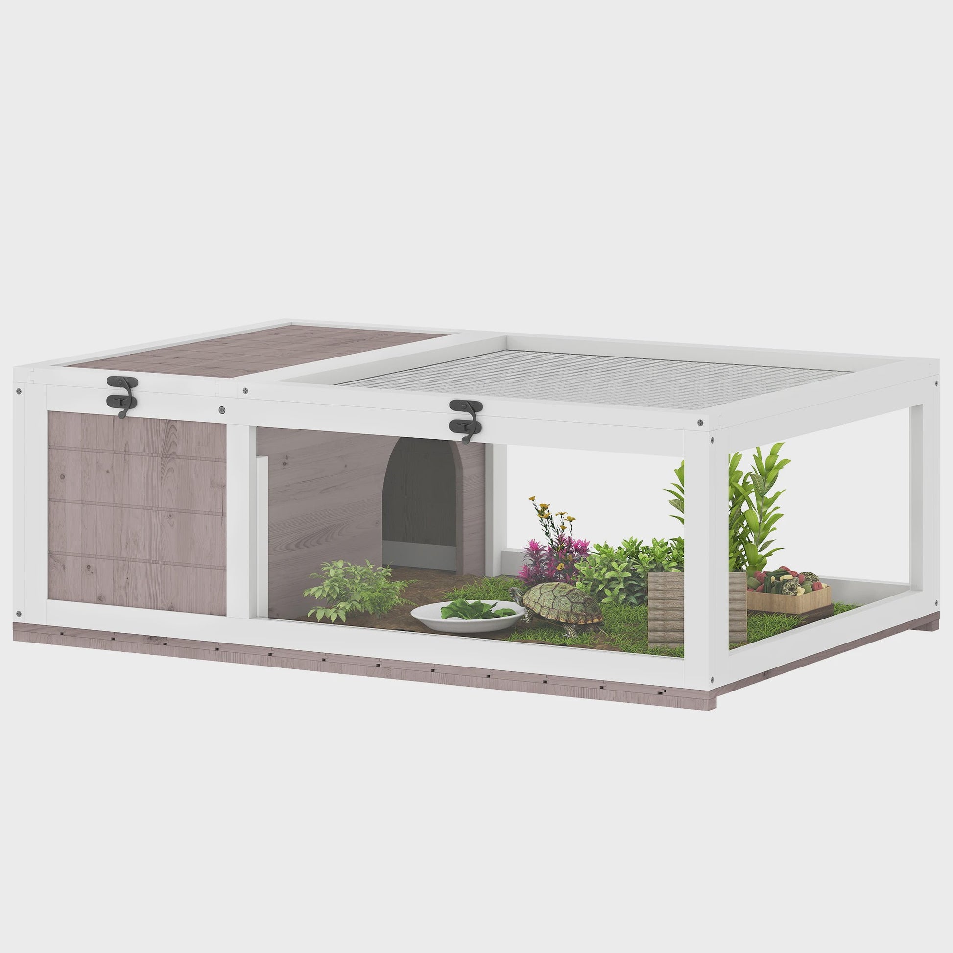 Houten Schildpaddenverblijf met Gaasdak en Verwijderbare Zijpanelen - 91x60.5x32 cm