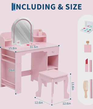 Prinsessenkaptafel met Verlichte Spiegel en Krukje - Kinder Make-up Tafel met Opbergruimte