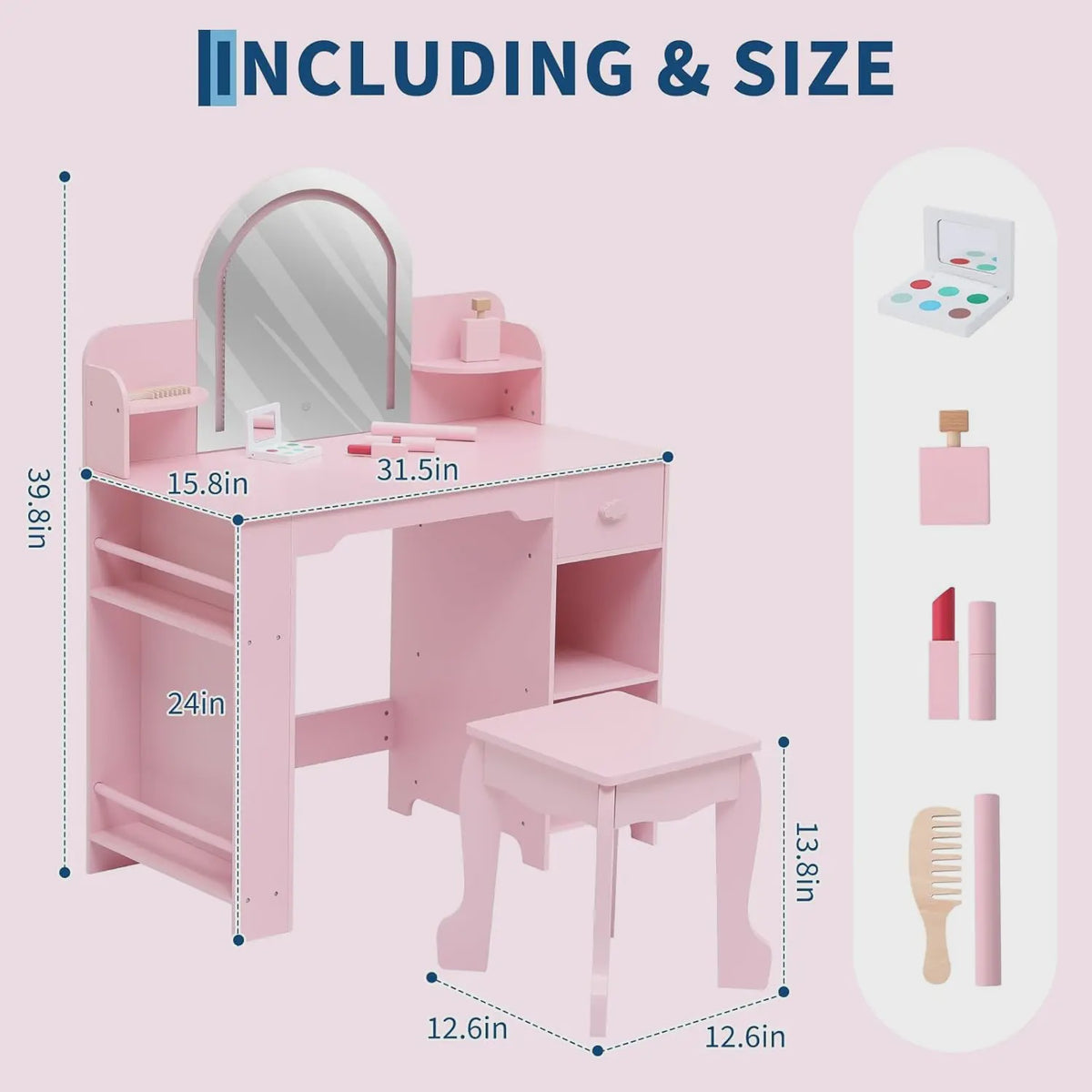 Prinsessenkaptafel met Verlichte Spiegel en Krukje - Kinder Make-up Tafel met Opbergruimte