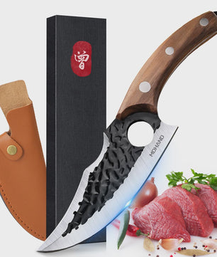 Handgesmeed Koksmes RVS - Chefmes voor Vlees, Groenten & Fruit met Lederen Schede