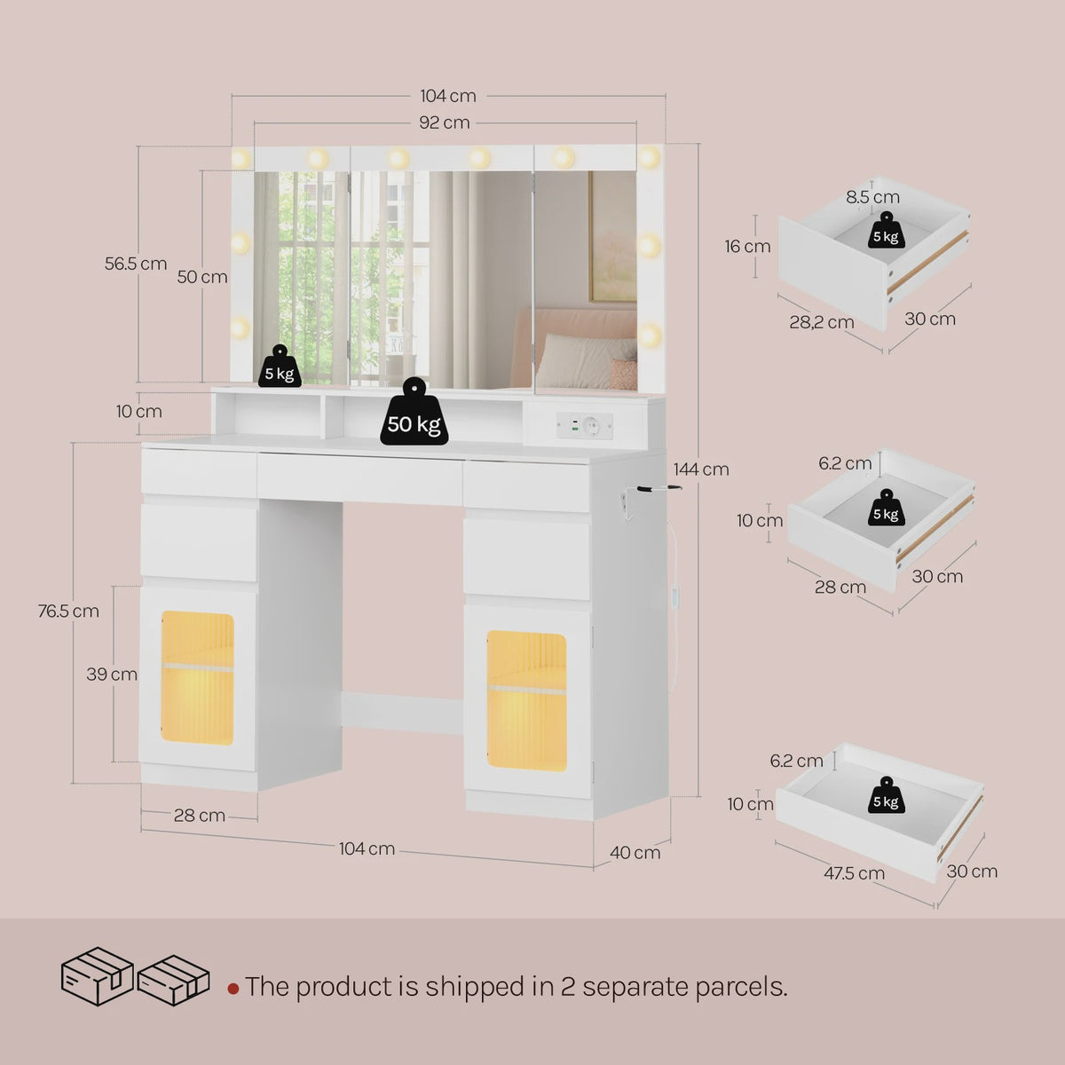 WOLTU Kaptafel met 3-delige spiegel, 10 LED-lampjes en laadstation - Ideaal voor de slaapkamer