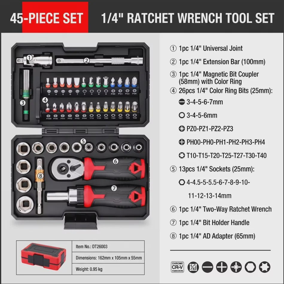 Hi-Spec 40-delige Ratel Socket Bit Set - 1/4" Drive Quick-Release, Cr-V Staal