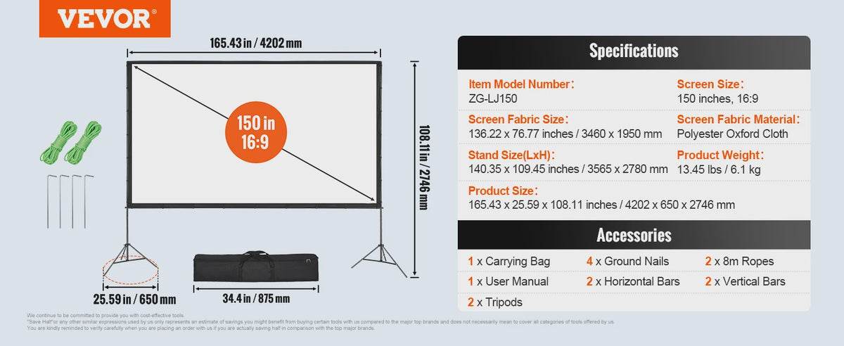 Draagbaar Projectiescherm met Statief - 100/120/150 inch - 16:9 - 4K HD
