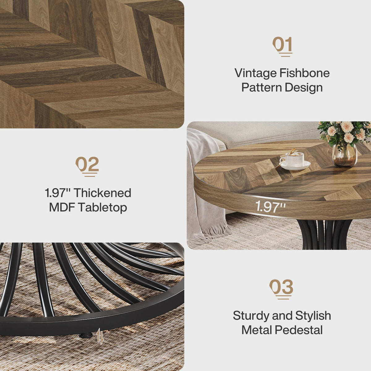 Ronde Salontafel 31" met Visgraatpatroon en Metalen Onderstel - Rustiek Bruin