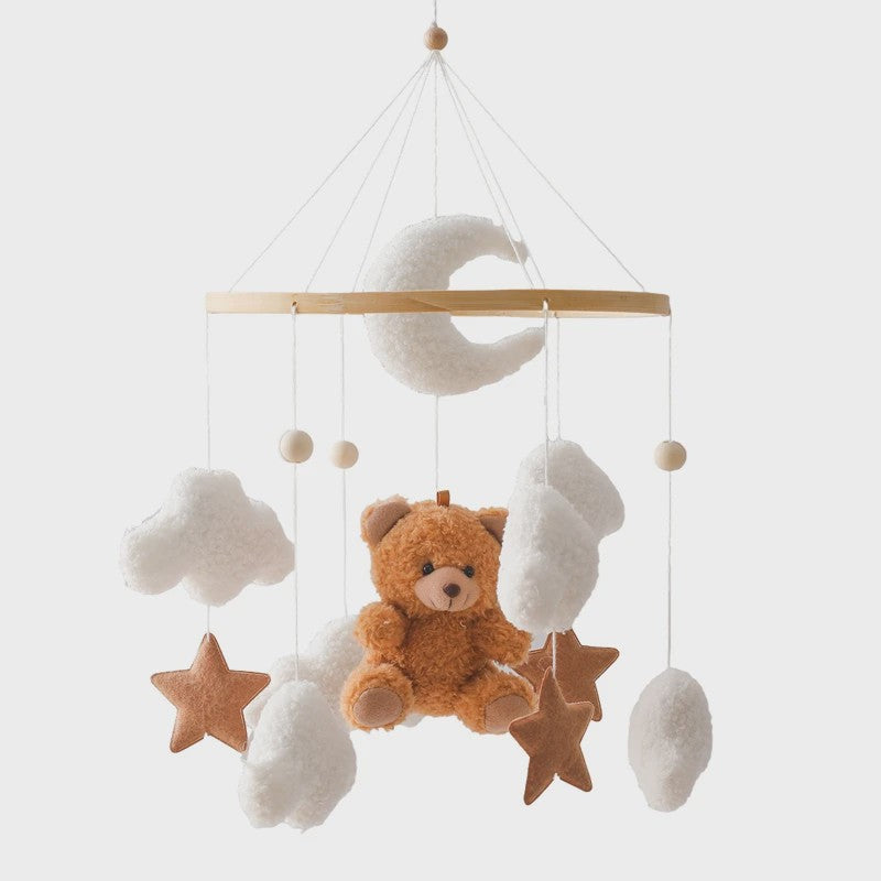 Houten Baby Mobiel voor Ledikant met Teddybeer, Maan en Sterren - Muziek & Rammelaar - Perfect Kraamcadeau