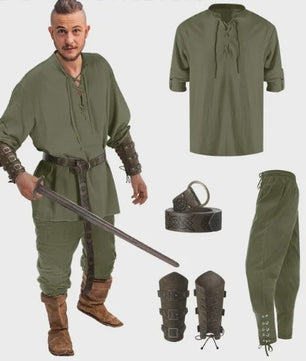 Herencostuum Middeleeuwse Piraat/Viking - Renaissance Set met Shirt, Broek, Riem & Armboeien