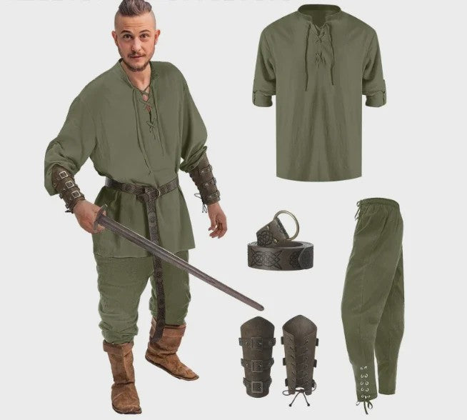 Herencostuum Middeleeuwse Piraat/Viking - Renaissance Set met Shirt, Broek, Riem & Armboeien