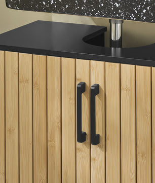 Badkamerkast 60 cm breed voor wastafel met bamboe deur en verstelbare metalen poten