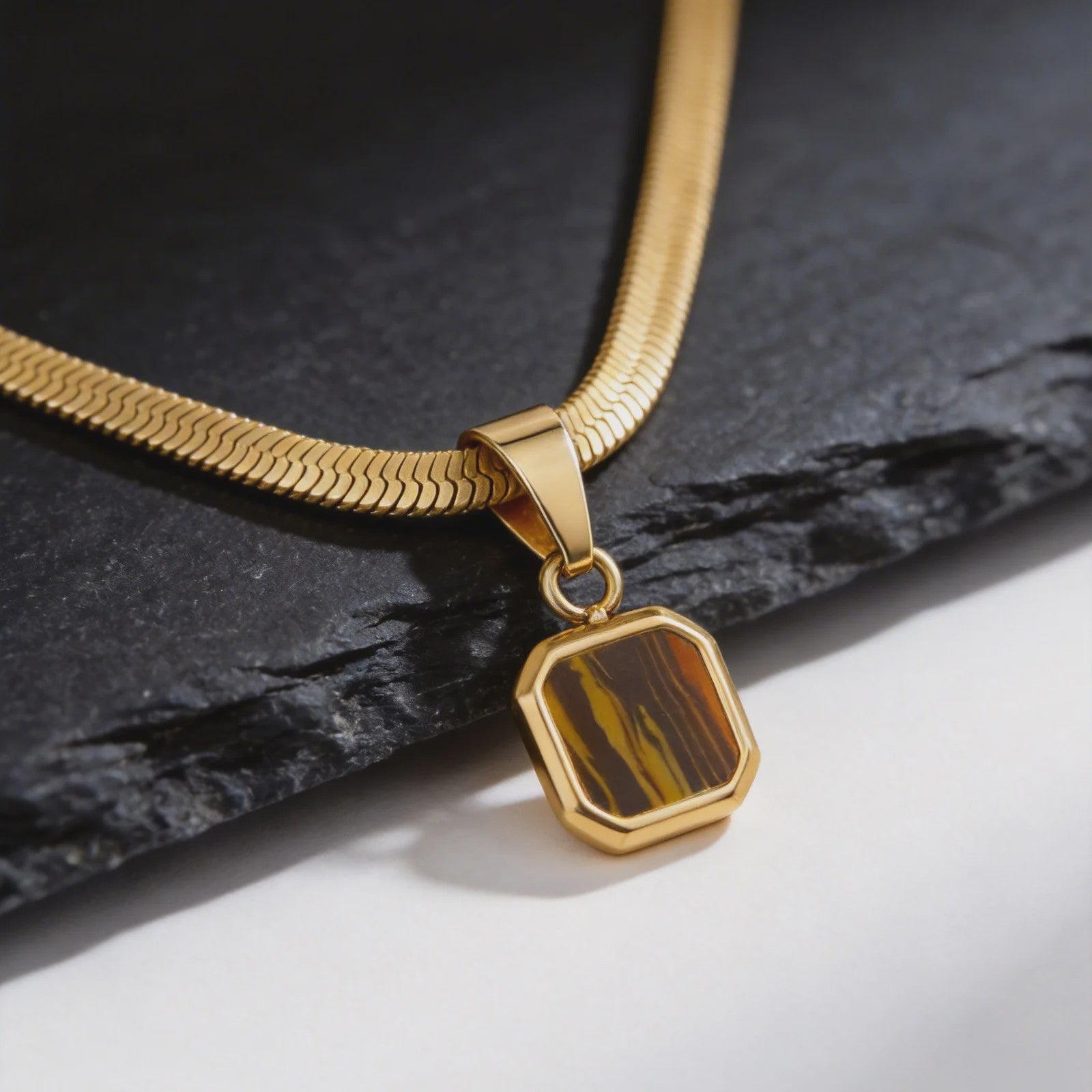 Vnox Heren Ketting met Geometrische Vierkante Natuursteen Hanger - Goud/Zilver Kleur Roestvrij Staal Blade Ketting