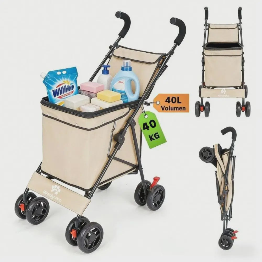 40L Opvouwbare Boodschappentrolley met Opbergtas en 4 Wielen