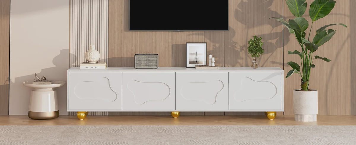 180cm Wit TV-meubel met Cloud Design, 4 Deuren, Geschikt voor 75-inch TV's