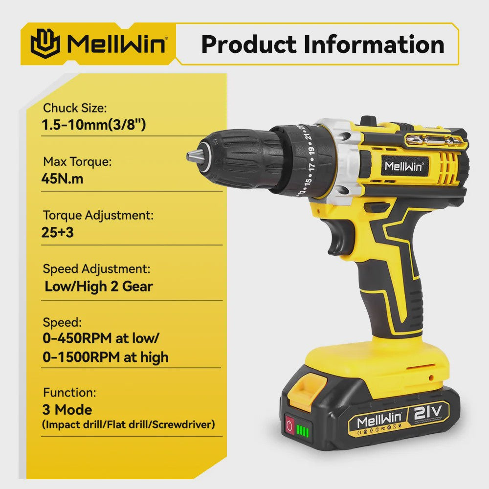 MELLWIN Accuboormachine Set 25+3 Nm - 3 Functies, 10mm Klopboorfunctie, Inclusief Koffer & Accessoires