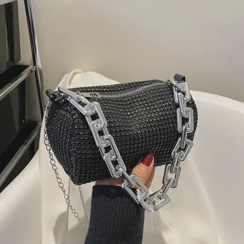 Glamoureuze Strass Bucket Bag met Glitter Ketting - Mini Crossbody Tasje