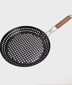 Ronde BBQ Grill Pan met Houten Handvat - Draagbaar & Duurzaam voor Buiten
