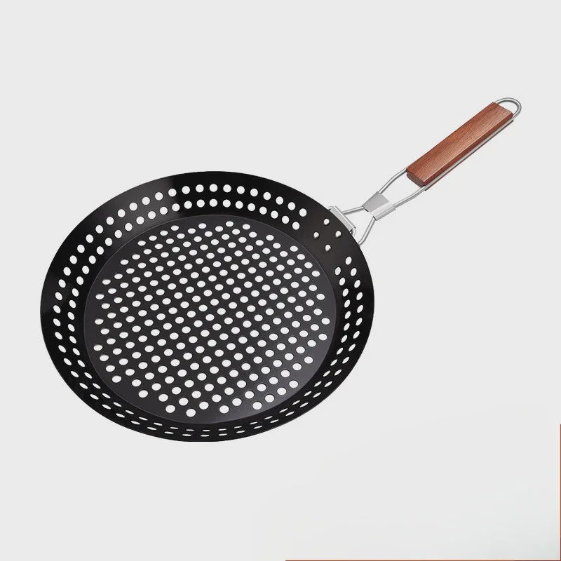 Ronde BBQ Grill Pan met Houten Handvat - Draagbaar & Duurzaam voor Buiten