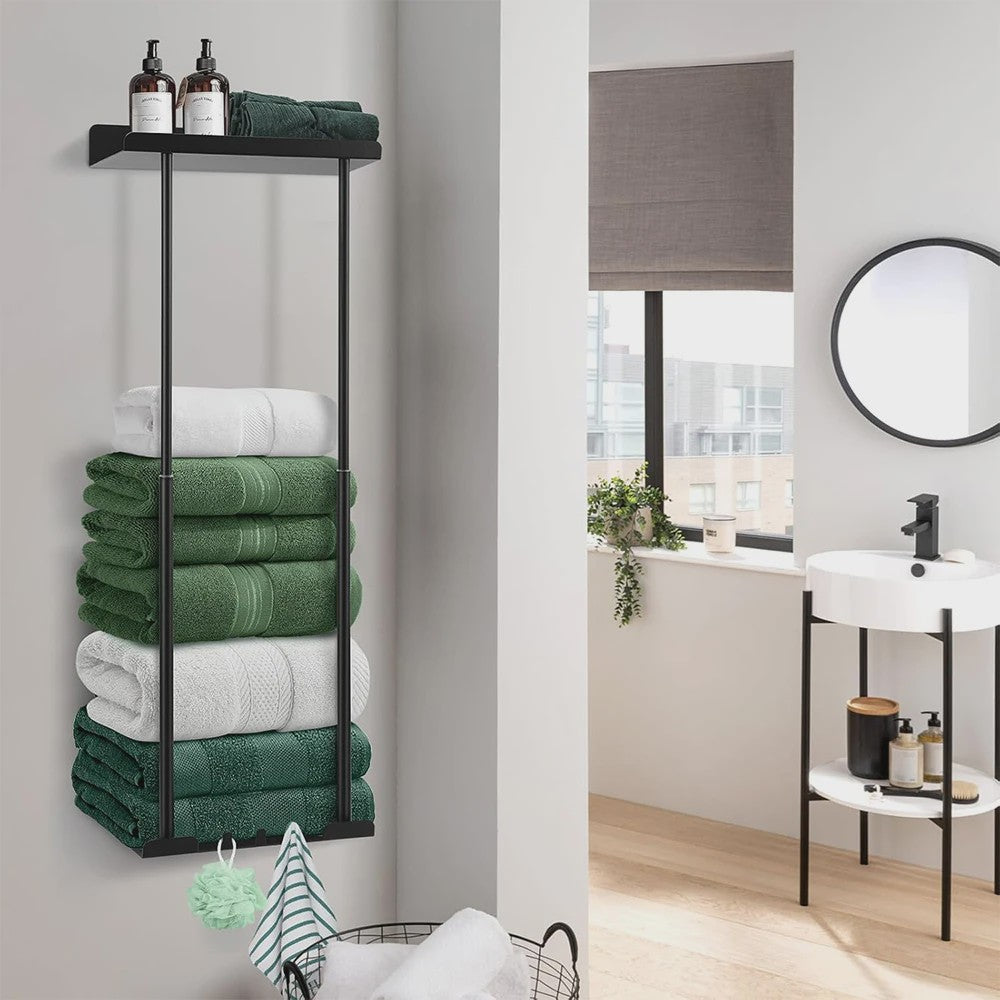 Verstelbaar Zwart Handdoekrek met Boven- en Onderplank - Ideaal voor Badkamer, Camper, Woonkamer & Sauna