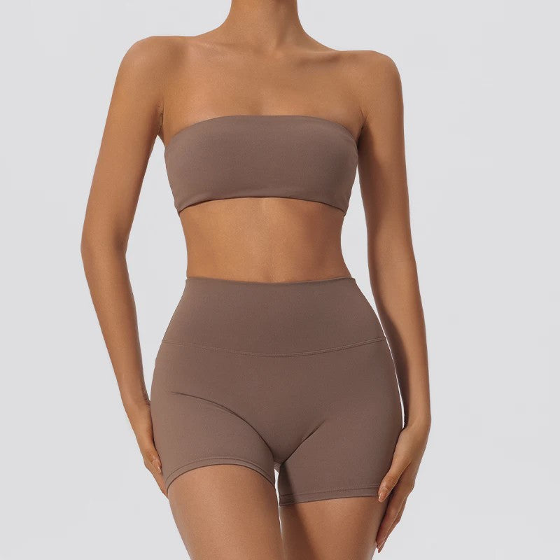 Strapless Sportset Dames: 2-delige Yoga Outfit met Crop Top en Shorts