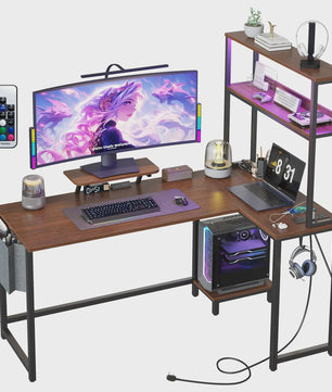 L-vormig Gaming Bureau met LED Verlichting, Stopcontacten en Monitorstandaard