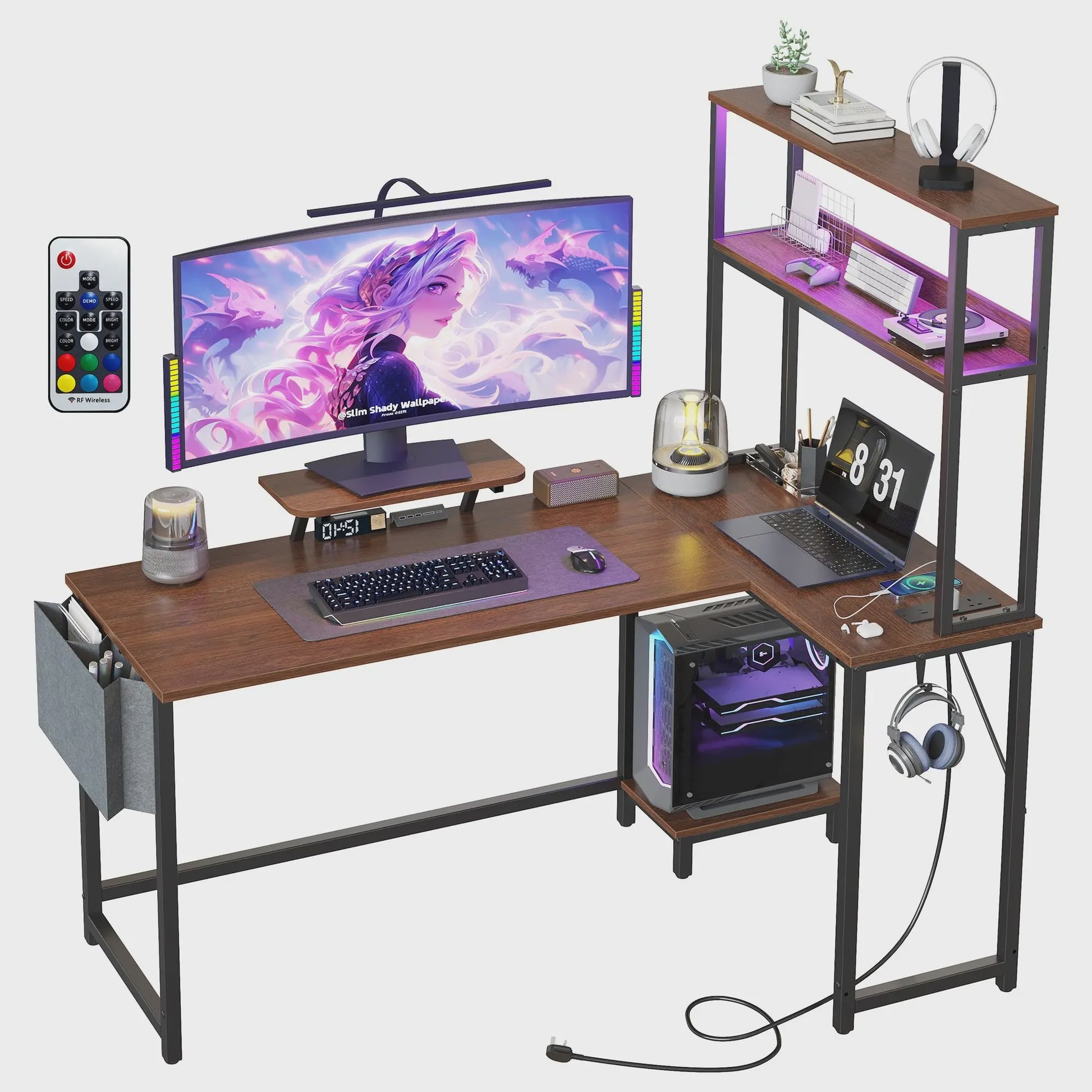 L-vormig Gaming Bureau met LED Verlichting, Stopcontacten en Monitorstandaard