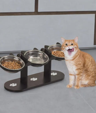 Verhoogde Voerbak Set voor Katten en Honden met 3 RVS Bakjes en Verstelbare Hoogte