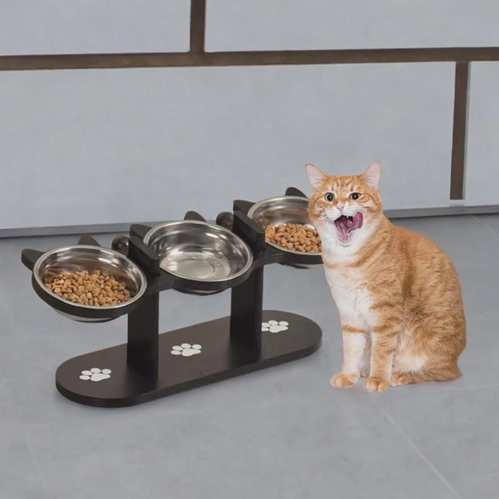 Verhoogde Voerbak Set voor Katten en Honden met 3 RVS Bakjes en Verstelbare Hoogte