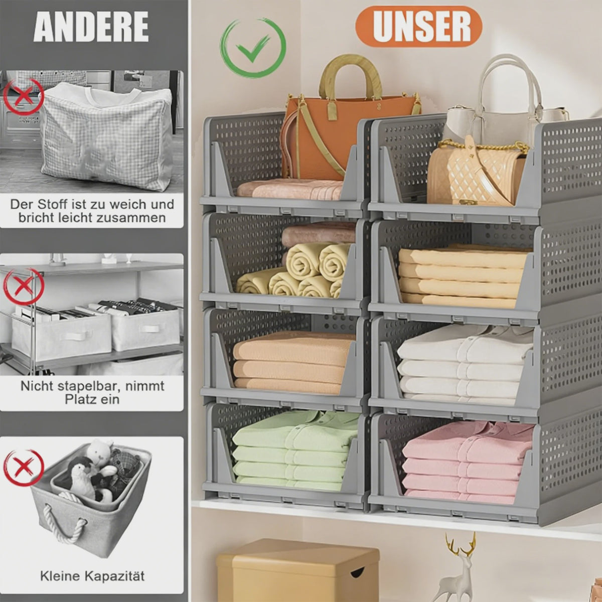 4-Pack Stapelbare Opbergdozen voor Kleding en Speelgoed - Inklapbare PP Plastic Lades