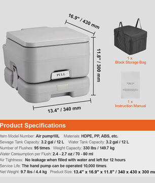 Draagbaar Toilet voor Camping & Camper - 12L/20L Tank, Spoelfunctie, Inclusief Draagtas