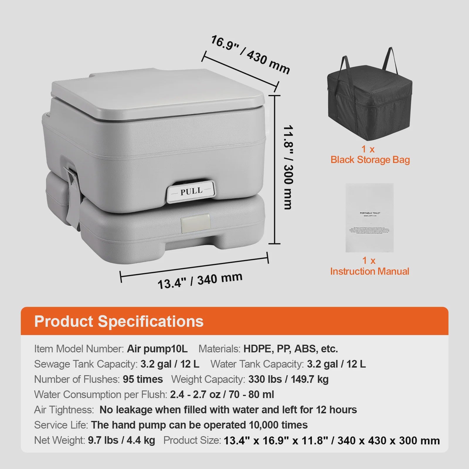 Draagbaar Toilet voor Camping & Camper - 12L/20L Tank, Spoelfunctie, Inclusief Draagtas