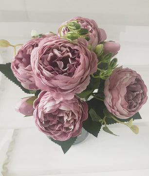 Roze Zijden Pioen Kunstboeket 30cm - 5 Grote Bloemen & 4 Knopen voor Decoratie