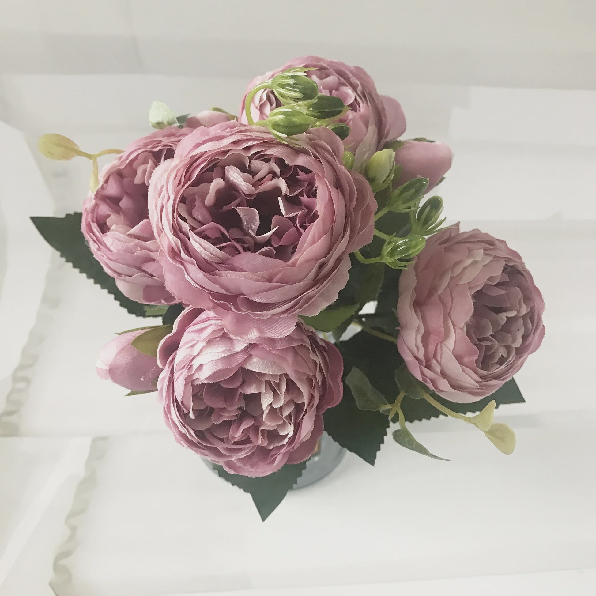 Roze Zijden Pioen Kunstboeket 30cm - 5 Grote Bloemen & 4 Knopen voor Decoratie
