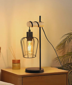Vintage Industriële Tafellamp met Houten Accent - Zwart Metaal, E27 Fitting